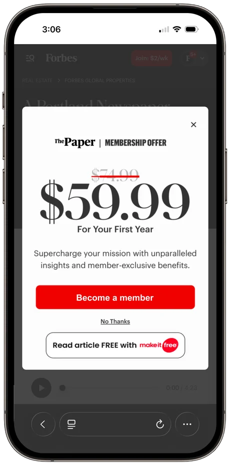 A publisher paywall with a 'Read article FREE with Make It Free' button below the subscription offer