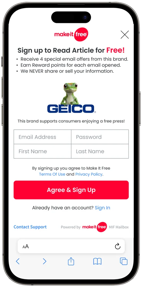 A short Make It Free sign-up and opt-in form sponsored by a brand